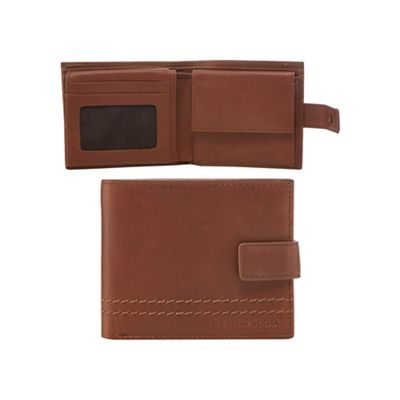 Brown leather chunky stitched tab wallet in a gift box